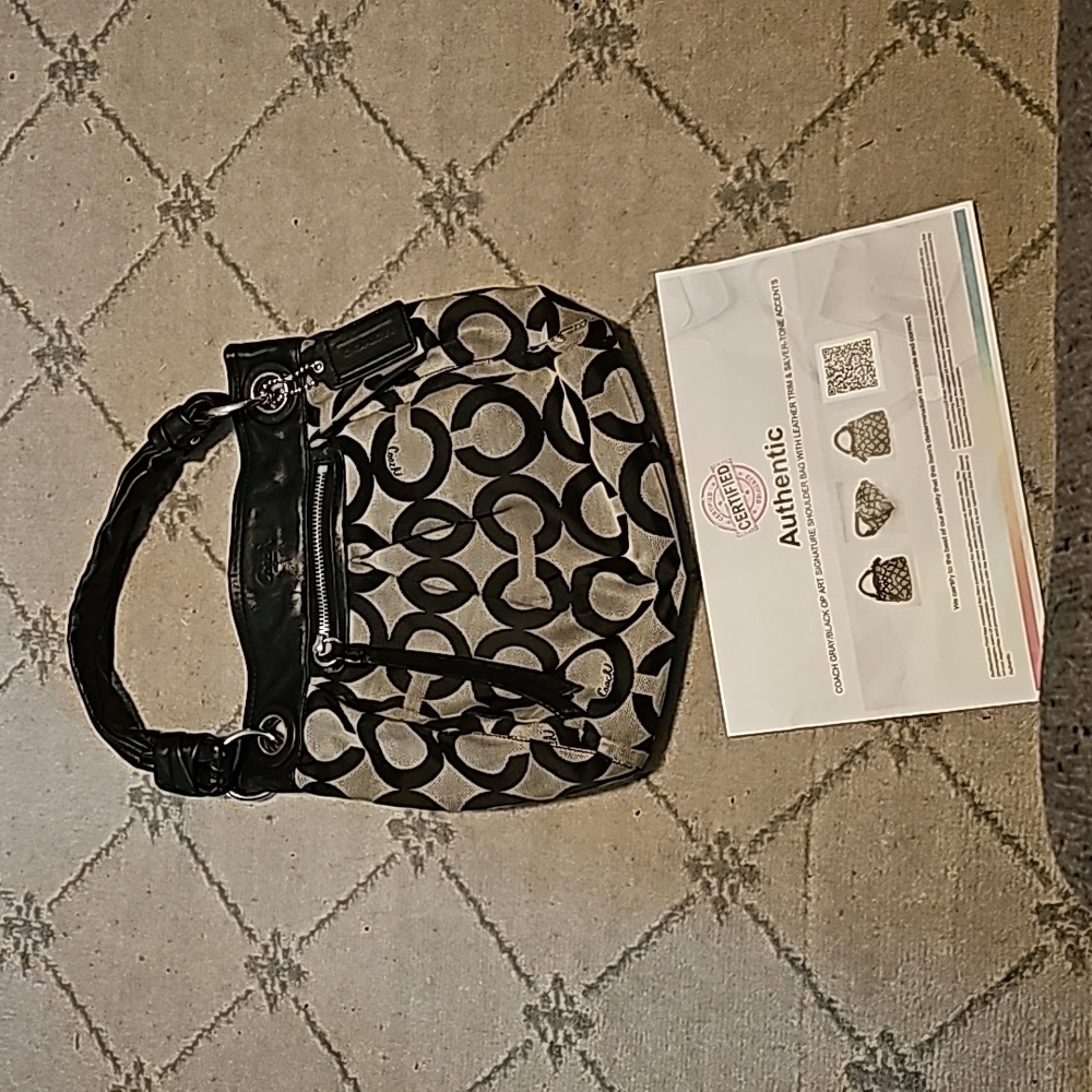 COACH gray black OP ART SIGNATURE SHOULDER BAG WITH LEATHER AND SILVER